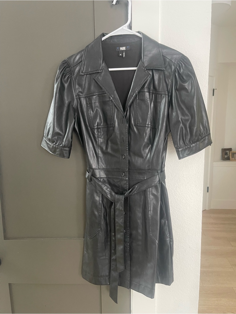 PAIGE Black Faux Leather Short-Sleeve Belted Shirt Jacket
